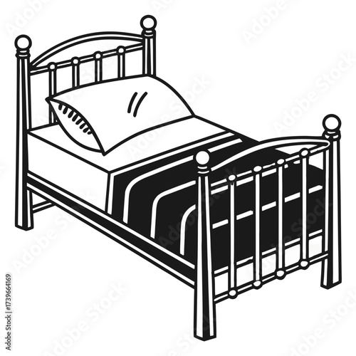 Illustration of a metal frame bed with a pillow and striped blanket in black and white style drawing