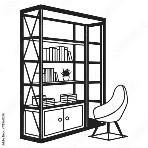Illustration of a bookcase filled with books and a potted plant next to a modern style office chair