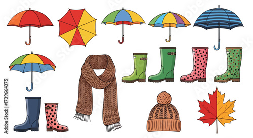 Colorful Autumn Essentials Umbrellas Boots Scarf Hat Maple Leaf for Rainy Season and Fall Fashion Designs