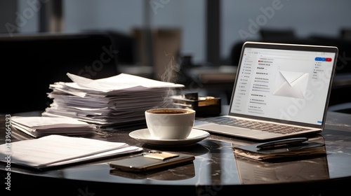 Steaming cup of coffee sits beside a laptop displaying an email interface, amidst stacks of paperwork, a phone, and a notepad, suggesting a busy office environment.