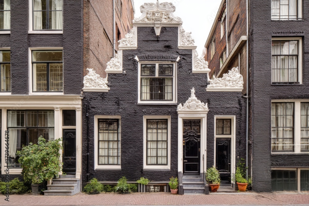 Obraz premium Beautiful old black townhouse with white architectural details in a quiet street, showcasing traditional design and charming greenery in Amsterdam
