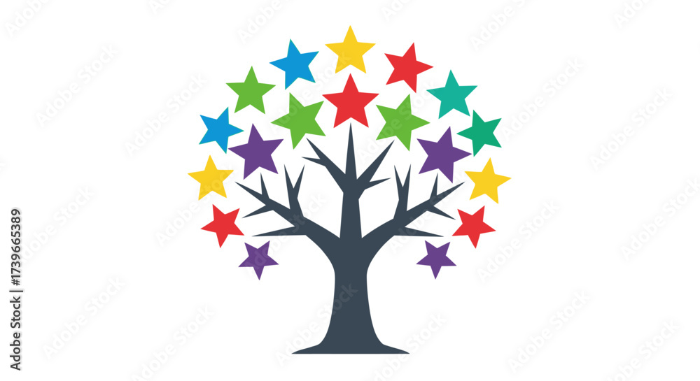 Fototapeta premium Vibrant star tree showcasing growth, positivity, and colorful celebration, symbolizing aspirations