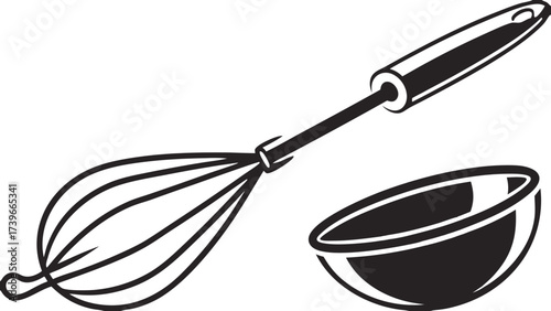 Isolated monochrome illustration depicting a whisk and a bowl for kitchen and cooking tasks at home