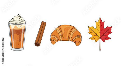 Autumn Treats Pumpkin Spice Latte Cinnamon Stick Croissant and Maple Leaf Cozy Fall Vibes