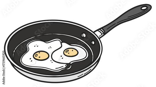 Two fried eggs with yellow yolks cooking in a black frying pan with a gray handle on a white background