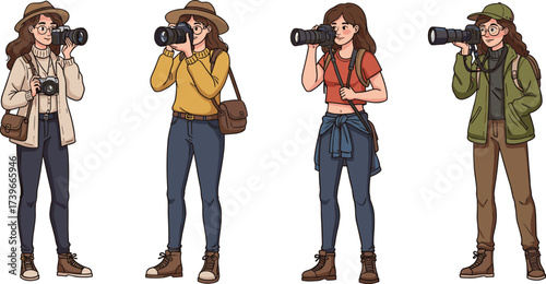 Cartoon illustration of young women photographers holding camera, stylish outfit, outdoor travel lifestyle, professional photography concept, modern creative hobby