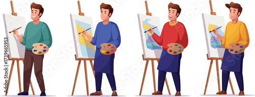 Cartoon male artists painting on canvas with brushes and palettes, creative men painters illustration, character design, drawing studio, flat modern artwork