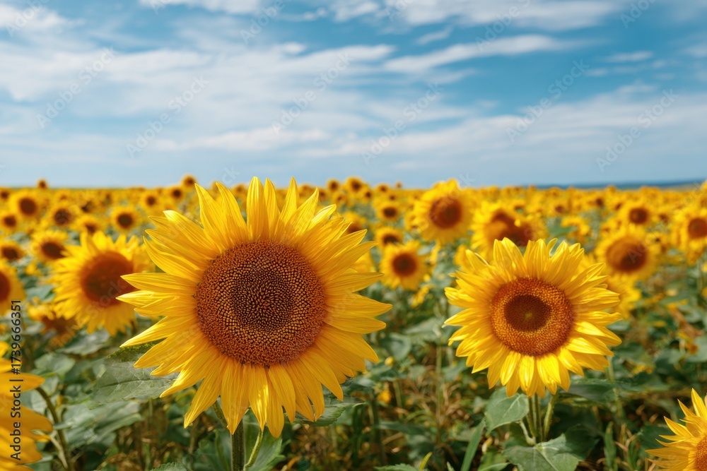 Obraz premium Sunflower stands out in a vibrant field of yellow flowers under a clear blue sky