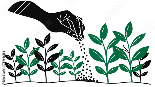 A hand sowing seeds over a field with green and black plants in a simple illustration style art