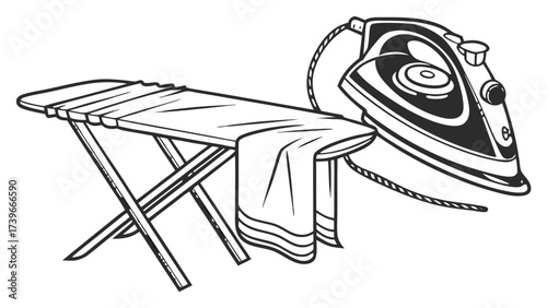 Illustration of an ironing board with a cloth and an iron ready for pressing clothes neatly at home