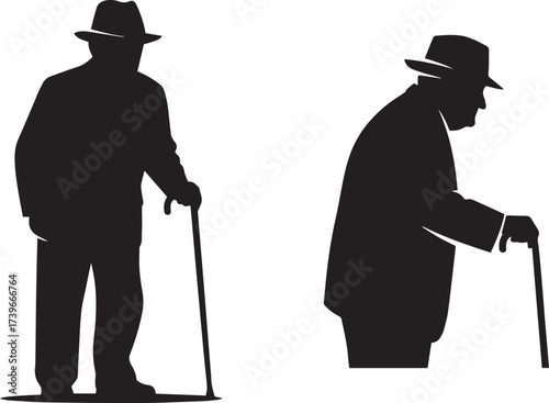 Silhouettes of Seniors with Canes for Aging