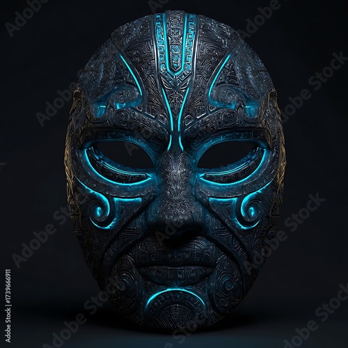 A Cyber Tribal Mask with Glowing Blue Lines
