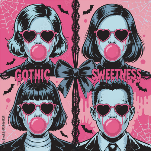 Four people with heart sunglasses blowing bubblegum