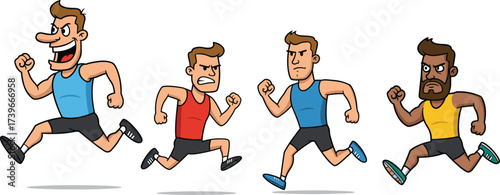 Cartoon male runners in sports outfits sprinting with energy and determination, athletic men running race, fitness competition illustration design
