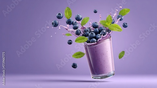 A vibrant smoothie with blueberries and mint splashes against a purple backdrop, creating a refreshing and dynamic visual.
