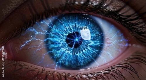 Intense blue eye with striking electricity effect pulsing through the iris creates a captivating futuristic and mysterious vibe