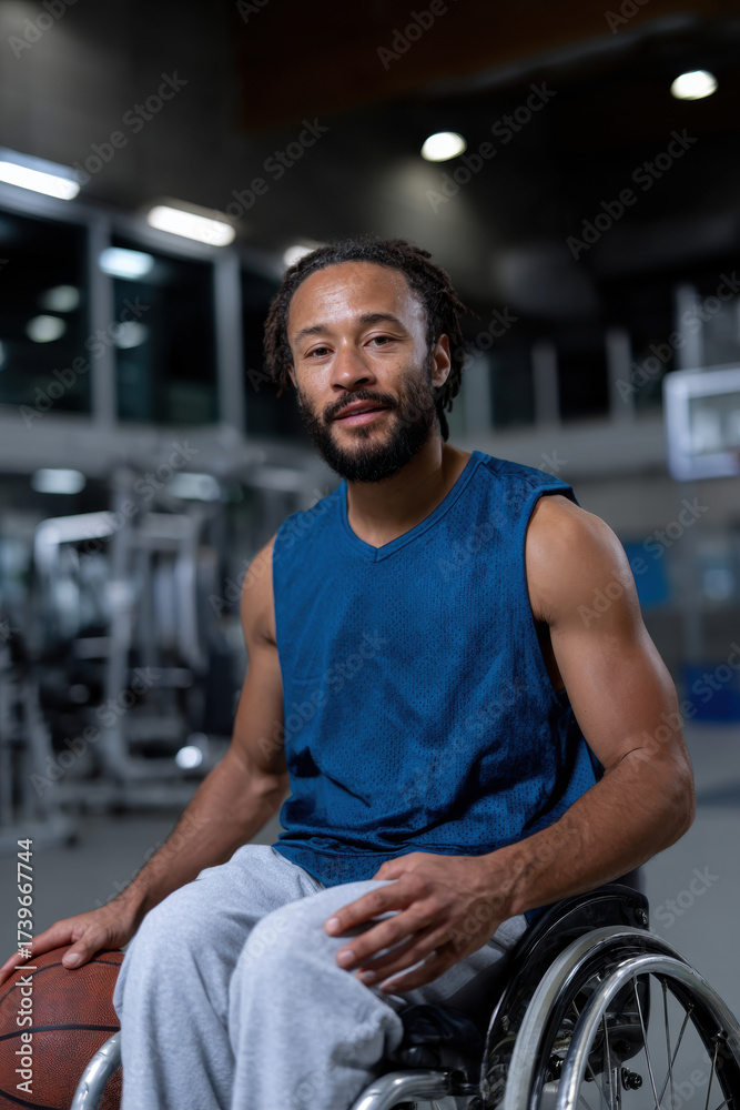 Fototapeta premium This image features a focused man in a wheelchair, exuding confidence and strength, as he holds a basketball, symbolizing inclusion and the spirit of competitive sports.