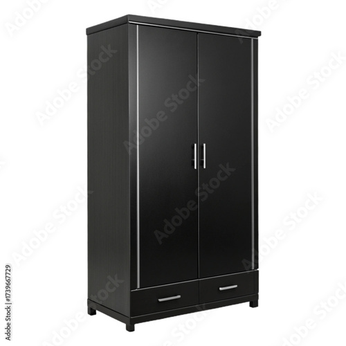 A sleek black wardrobe with two doors and two drawers featuring silver handles and trim design element