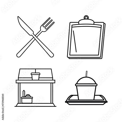 Set of Simple line art icons restaurant dining food service menu ordering and takeout elements