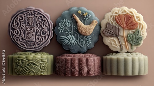 Assorted traditional round pressed cookies with intricate designs including floral patterns, a bird motif, and embossed geometric details in pastel and earthy tones