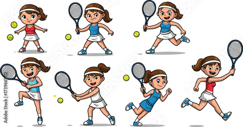 Cartoon tennis girls playing match with rackets and balls, dynamic female athletes in sports action, competitive game illustration design