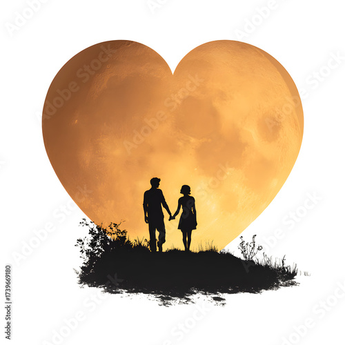 Couple silhouetted before heart moon isolated on transparent background
