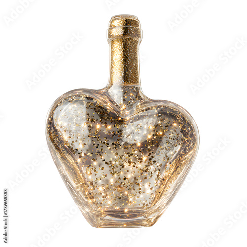 Golden glitter heart-shaped bottle isolated on transparent background