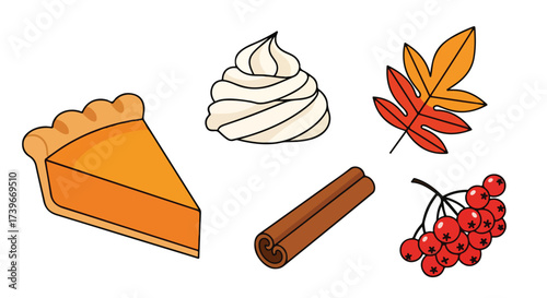 Cozy Autumn Harvest Icons Slice of Pumpkin Pie Whipped Cream Cinnamon Stick Rowan Berries and Fall Leaf Thanksgiving Seasonal Celebration Elements