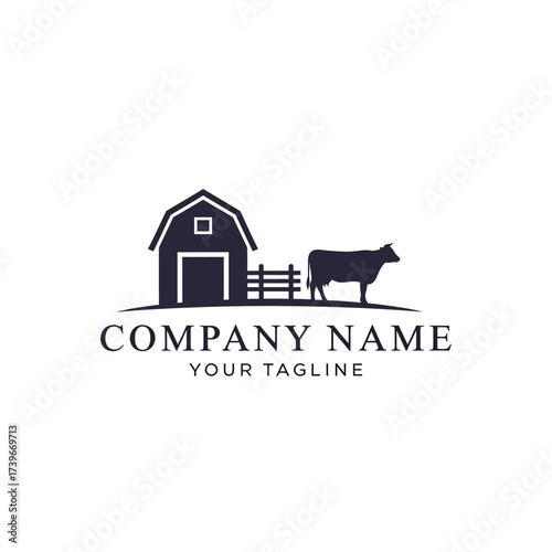 Silhouette of a barn with a cow standing next to a fence, representing a farm or agricultural business.