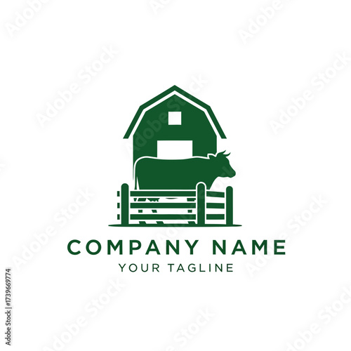 Green farm logo with barn, cow, and fence illustration.