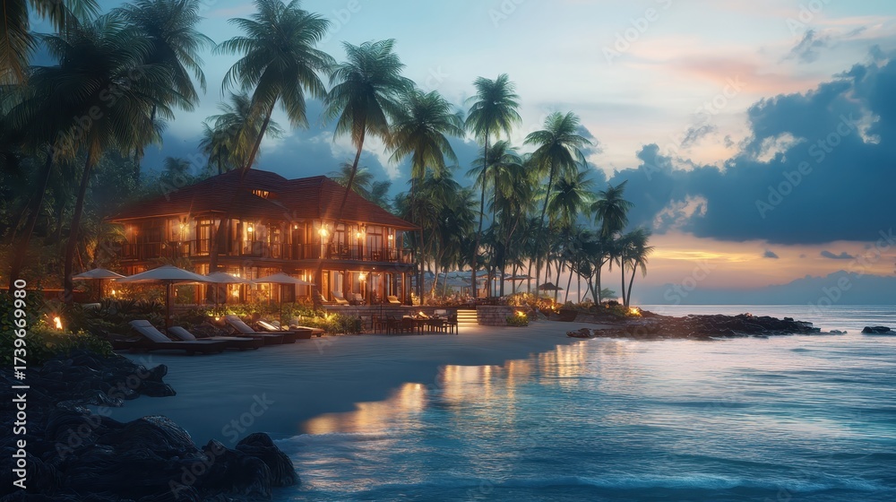 Obraz premium Beachfront house with warm lighting at sunset by the ocean