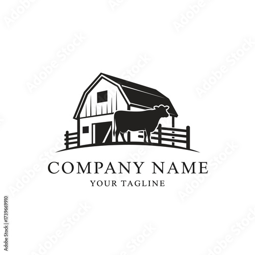 Black and white silhouette logo of a barn with a cow and fence, representing a farm or agricultural business.