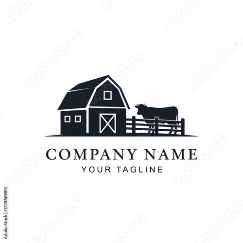 Silhouette of a barn and cow on a farm, perfect for agricultural businesses.