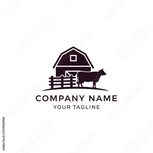 Black and white silhouette logo design featuring a barn, a fence, and a cow, with placeholder text for company name and tagline.