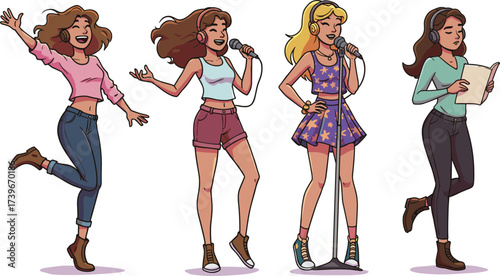 Cartoon women singing with microphones, music performance illustration, female singers on stage, recording studio, concert, headphones, entertainment, pop star, song