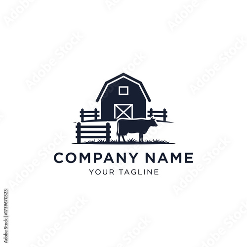 A silhouette logo of a cow standing by a fence in front of a classic barn, representing farming and agriculture.