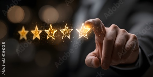 Businessman hand touching glowing golden five‑star rating, customer service satisfaction and quality experience feedback evaluation concept background
