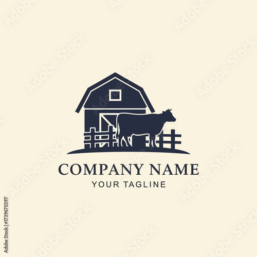 A dark blue silhouette of a barn and a cow standing behind a fence, set against a light beige background, with the text "COMPANY NAME" and "YOUR TAGLINE" below.