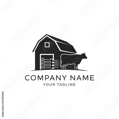 Black and white logo featuring a barn, a cow, and a fence, suitable for a farm or agricultural business.