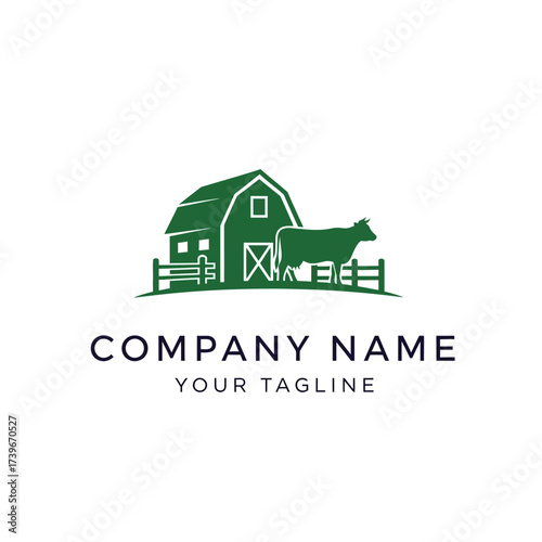 Green farm logo featuring a barn, cow, and fence, suitable for agricultural businesses.