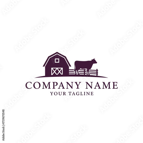 Logo of a farm with a barn, a cow and a fence, in a simple and elegant design.