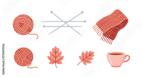 Cozy Autumn Knitting Set Yarn Balls Needles Scarf Oak Leaves and Warm Coffee Mug Perfect Crafting and Seasonal Elements