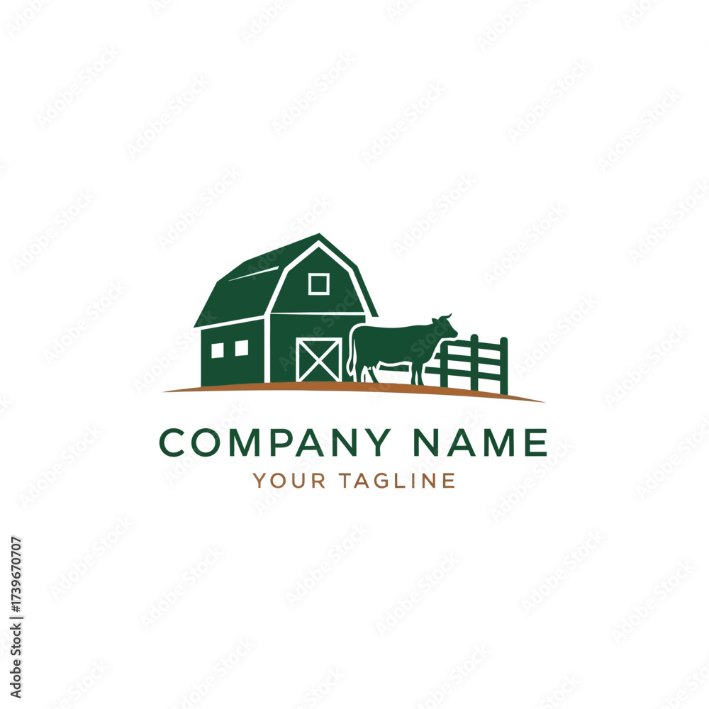 Fototapeta premium Farm logo design with a green barn, cow, and fence, suitable for an agricultural or dairy business.