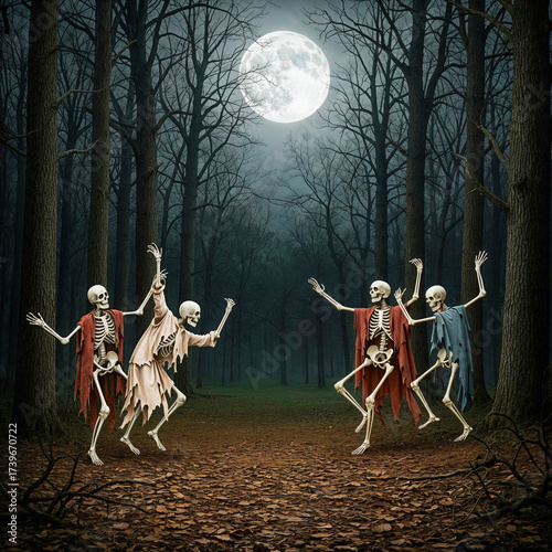 Skeletons Dancing a Spooky Rite Under a Full Moon