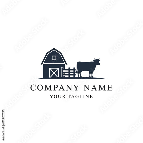 A silhouette logo featuring a barn, a fence, and a cow, suitable for a farm or agricultural business.