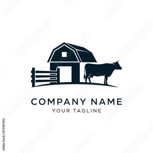 Silhouette of a barn with a fence and a cow, suitable for a farm or agricultural business logo.