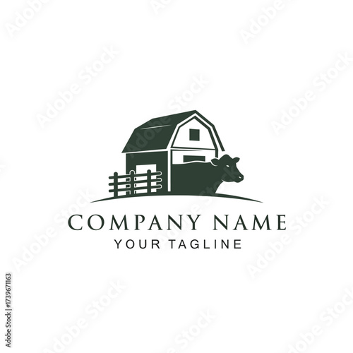 A minimalist logo featuring a dark green barn with a cow and fence, suitable for a farm or agricultural business.