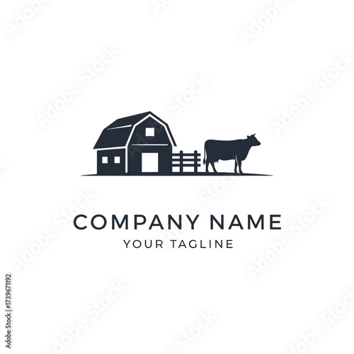 A minimalist logo design featuring a silhouette of a barn and a cow, suitable for a farm or agricultural business.