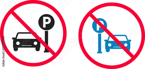No Parking area icon set. Prohibited Car parking symbol. Parking area icon with Prohibited sign collection