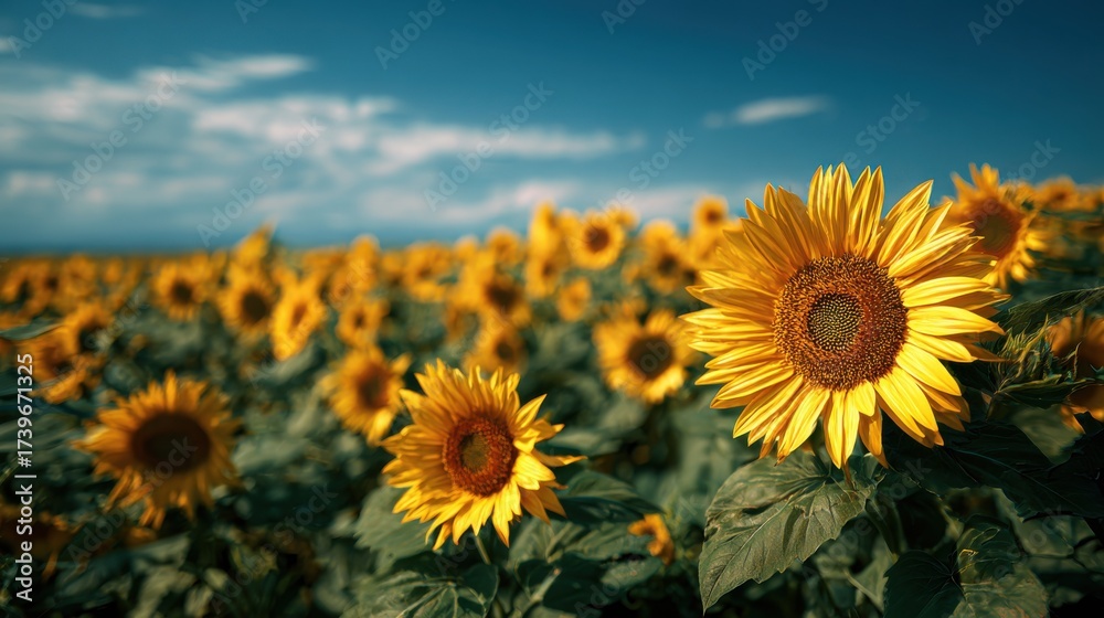 Fototapeta premium Endless field of vibrant yellow sunflowers under a clear blue sky in brilliant summer light